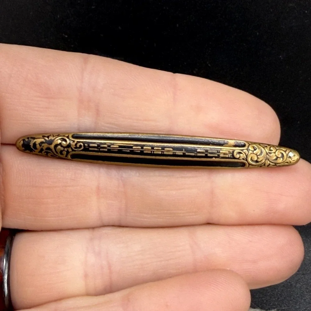 Vintage Gold Filled Bar‎ Brooch Black Enamel